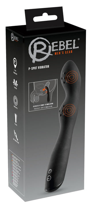Rebel Prostata Vibrator - P-Spot 23,5 cm är elegant förpackad, med en elegant, svart silikondesign med djärva orange accenter.