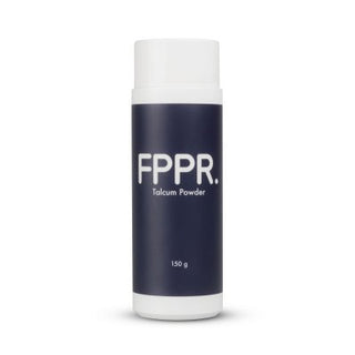 En 150g FPPR Förnyelse Pulver Talcum Powder-flaska med en elegant marinetikett och vitt lock visas elegant på en ren vit bakgrund.
