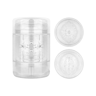 FPPR Dubbel Masturbator är en transparent, cylindrisk enhet gjord av Flexibelt-material med inre texturer och två avtagbara cirkulära delar, alla framhävda i en elegant transparent design, ovanifrån inkluderad.