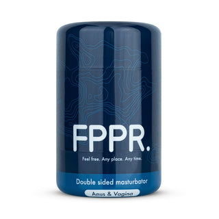 Mörkblå FPPR-burk med en transparent design märkt "FPPR Dubbel Masturbator" med anus och vagina.
