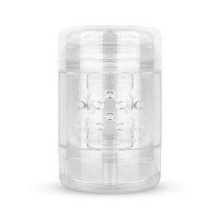 FPPR Dubbel Masturbator har en klar cylindrisk plastdesign med en strukturerad interiör, elegant visad på en vit bakgrund. Den är tillverkad av Flexibelt-material för överlägsen flexibilitet och hållbarhet.