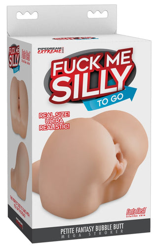 Box of a Realistisk Vagina tillverkad av realistiskt material, med varumärket Fuck Me Silly i fet röd och blå text.