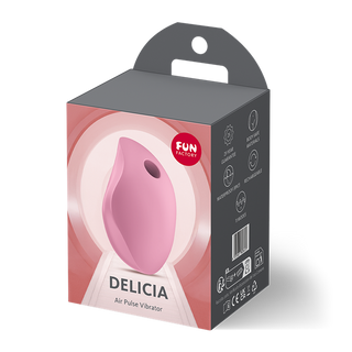 Fun Factory Delicia Air Pulse klitorisstimulator i rosa silikon med slät, böjd design som visas på produktförpackningen.