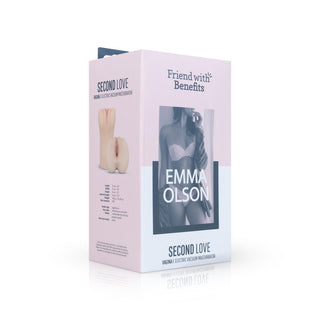 Box märkt med Friend with Benefits, som visar en produktbild och texten "Emma Olsen - Vagina Med Vibrationer, Second Love." Har innovativ vakuumfunktion för förbättrad upplevelse.