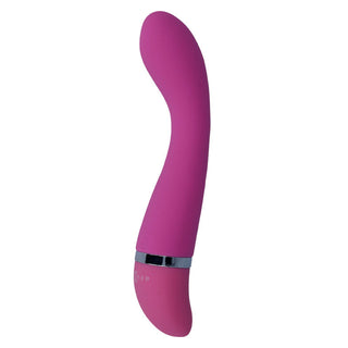 Intense Leo G-punktstav är en rosa böjd vibrator gjord av kroppssäkert silikon, med en elegant design med en silveraccent nära basen.