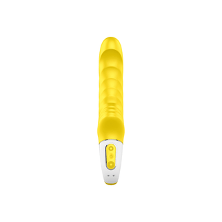 Satisfyer Yummy Sunshine är en handhållen eltandborste med kroppsäkert silikon för skonsam vård, med en elegant gul design och en vit bas.