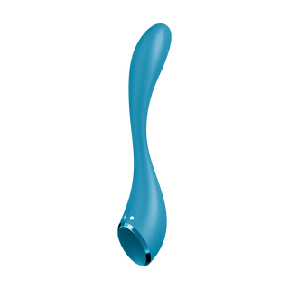 Satisfyer Pro G-Spot Flex 5+ är en elegant, blå böjd silikonvibrator med en ergonomisk design och två kontrollknappar, idealisk för riktad G-punkt-stimulering.