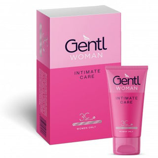 Rosa låda och tub med Gentl Woman Intimate Care 50 ml med Women Only-etikett, som framhäver 3C Complex-märket för hudläkning efter rakning.