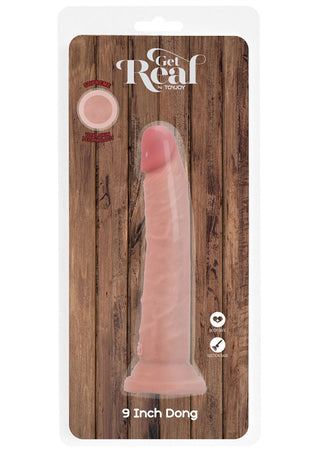 Get Real" Deluxe Dual Density Dildo från ToyJoy är förpackad med ett genomskinligt plasthölje som avslöjar dess realistiska utseende och känsla. Bakgrunden har en trästruktur som framhäver funktioner med små ikoner.