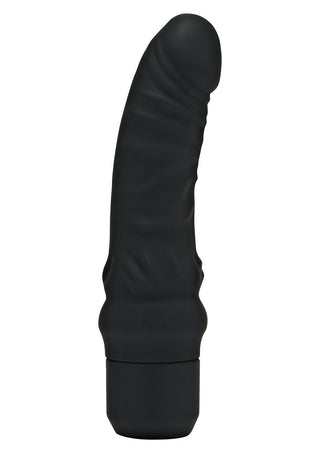 Get Real Mini Dildovibrator är svart, fallisk formad med en strukturerad yta och en något avsmalnande spets, som står upprätt mot en vanlig vit bakgrund.