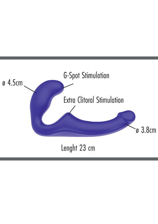 Toyjoy Strapless Strapon är en blå ergonomisk vibrator med dubbla ändar gjord av silikonbaserat material, som mäter 23 cm i längd, designad för G-punkts- och klitorisstimulering - perfekt för intim njutning.