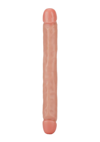 Toy Joy Dubbeldildo 12-tum, en beige dubbeländad cylindrisk artikel gjord av kroppssäkert-material med en ergonomisk design och rosa rundade spetsar i båda ändar, vilar elegant på en vit bakgrund.