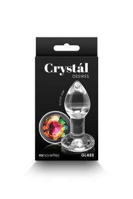 Box of Crystal önskar erotisk glasnyhet med färgglad pärla, med den högkvalitativa Glas Rainbow Buttplug Small, elegant presenterad i svart förpackning.