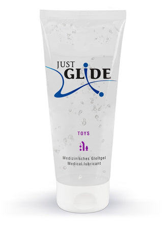 En tub Just Glide Toys Glidmedel, idealisk för sexleksaker, har en tydlig design med blå och lila text.