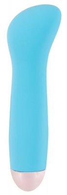 Cuties Mini vibrator 13 cm är en blå silikon G-punkt minivibrator med en böjd spets och vit bas, med flera vibrationslägen. Denna vattentäta fröjd erbjuder mångsidighet och nöje.