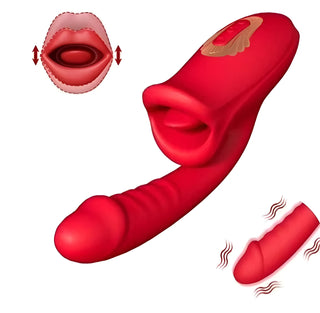 Röd silikondildo med tungliknande topp och munformad klitorisstimulator, designad med vibrationsegenskaper.