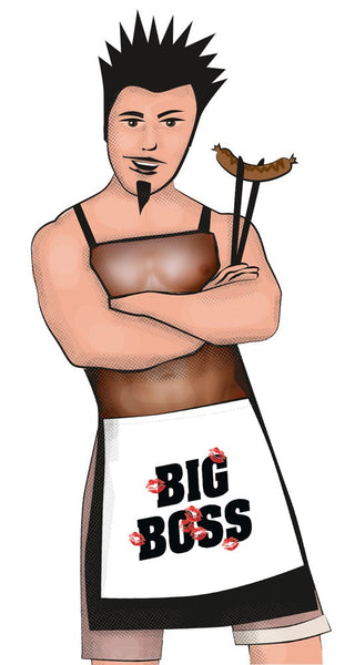 En tecknad man med taggigt hår tar på sig en Förkläde Med Penis och håller grillad korv på en tång på den livliga grillfesten.
