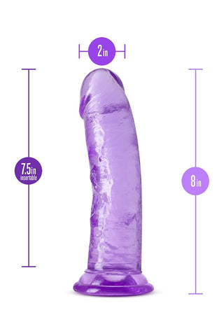 Roar N' Ride Dildo är en lila genomskinlig leksak med en sugbas, med mått på 8 tum i total längd, 7,5 tum insättningsbar och en 2-tums diameter.