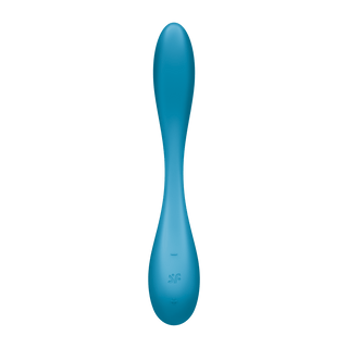 Satisfyer Pro G-Spot Flex 5+ är en blå ergonomisk vibrator med subtila plus- och minustecken på en smidig, kurvig design. Den är perfekt för G-punktsstimulans och är helt vattentät för mångsidig njutning.