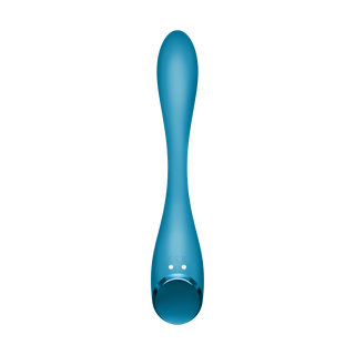 Satisfyer Pro G-Spot Flex 5+ är en blå silikonmassageapparat med en böjd, ergonomisk design för G-punktsstimulans.