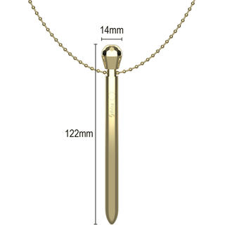 Upptäck Guld Vibrator Halsband, ett guldhängande halsband med en elegant, spetsig design. Med 122 mm gånger 14 mm erbjuder den en intim upplevelse genom sin diskreta elegans och charm.