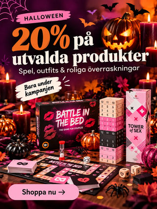 1. Mobil slider för Taboo.se Halloweenrea med 20% på utvalda produkter, inklusive spel, outfits och presenttips.