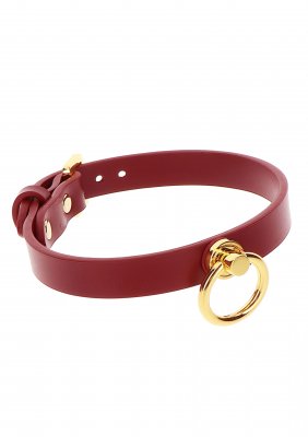 TabooM Halsband Med O-Ring är en choker i rött läder med en guldring och justerbart spänne, en del av den exklusiva TabooM-produktkollektionen.
