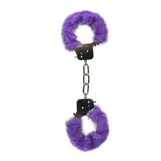 Easytoys Metall Handbojor: Lila fluffiga handbojor sammankopplade med en robust metallkedja mot en vit bakgrund.