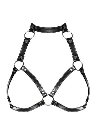 Harness BH är en sexig svart lädersele med silverringar och justerbara remmar, med unika inställningar på nacken och ryggen för en perfekt passform.