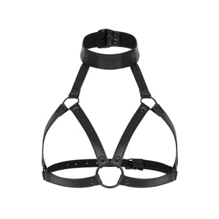 Chiara Bondage Harness är tillverkad av hållbart konstläder, med svarta remmar, ringar och spännen designade för elegant bäring runt bröstet och halsen, perfekt för unika BDSM-upplevelser.
