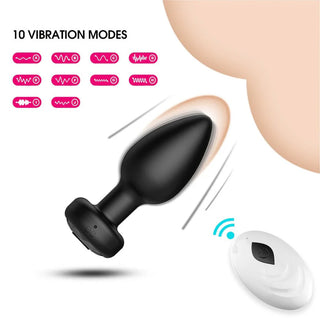 Svart silikon buttplug vibrator med appstyrning, slät design och markerad bas, visas med diagram över funktioner.