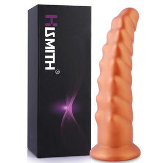 Hismith Artropodildo 25 cm är en orange texturerad dildo tillverkad av premium silikon med en platt bas, placerad bredvid en elegant svart låda märkt HISSMITH.