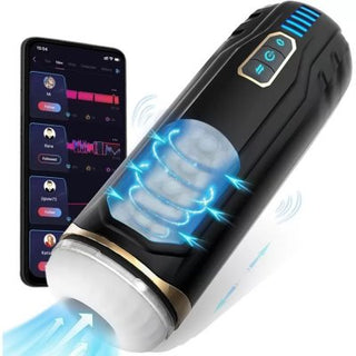 Sinloli APP Controlled Male Masturbator är en svart cylindrisk smart enhet med sidokontrollknappar och en transparent sektion som visar virvlande blå pilar. En närliggande smartphone visar appstyrd masturberingsleksak gränssnitt med olika profiler och vibrationssugande lägen inställningar.