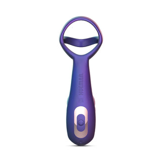 Hueman Vibrerande Analplugg & Ring i lila har ett öglehandtag, en knapp och ordet "HUEMAN" på kroppen. Den erbjuder anpassningsbara sensoriska upplevelser med invecklade vibrationsinställningar.