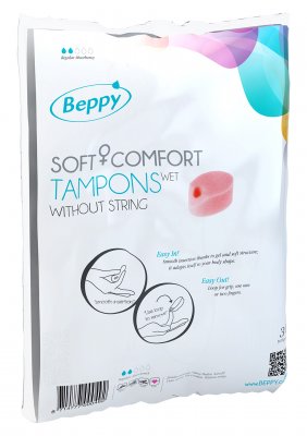 Beppy Comfort Tampons Wet 8 st förpackning visar tydliga instruktioner och en levande produktbild. Dessa Beppy-tamponger, designade som diskret, stränglös diskrettampong, är gjorda av medicinskt skum för att garantera säkerhet och tillförlitlighet för alla användare.