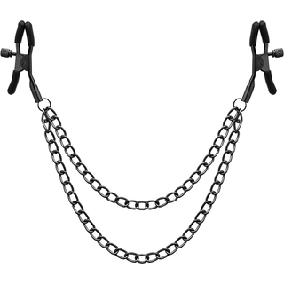 Begme Nipple Clamps: Två justerbara metallklämmor med svarta gummitoppar och skruvar för enkel anpassning, sammankopplade med dubbla kedjor - perfekta för intensiva BDSM-lekar.