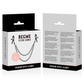Två lådor med Begme Nipple Clamps, med tydliga bilder av fram- och baksidan av den eleganta förpackningen. Justerbara klämmor ger ökad kontroll och variation för BDSM-lek.