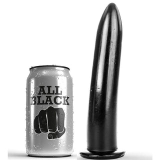Helsvart 20 cm dildo med utsvängd bas och silverfärgad kapsel, båda med ALL BLACK-etiketter, mot vit bakgrund.