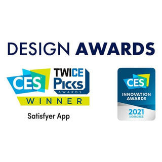 Satisfyer Ultra Power Bullet 7 stoltserar med designpriser, inklusive CES Winner, TWICE Picks Awards och CES Innovation Awards 2021 Honoree-logotyper för Satisfyer-appen.