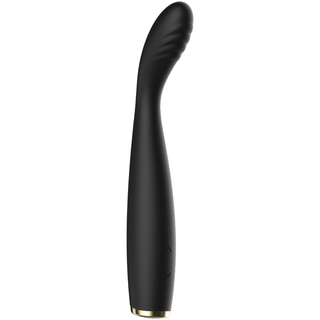 Ibiza G-Spot Flexible Vibrator, som har en elegant svart böjd design med en guldaccent vid basen, visas mot en vit bakgrund.