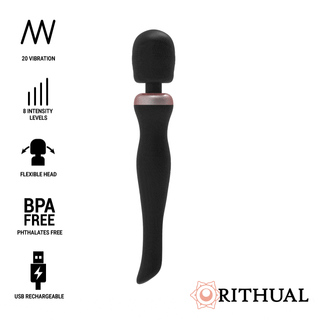 Rithual Akasha Wand 2.0, tillverkad av medicinsk silikon, har ett flexibelt huvud och flera vibrationsinställningar. Denna eleganta svarta trollstav är USB-uppladdningsbar och ger vattentålig bekvämlighet för mångsidig användning.