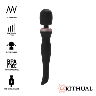 Rithual Akasha Wand 2.0, tillverkad av medicinsk silikon, har ett flexibelt huvud och flera vibrationsinställningar. Denna eleganta svarta trollstav är USB-uppladdningsbar och ger vattentålig bekvämlighet för mångsidig användning.