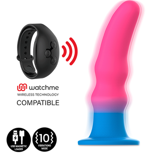 Dildo i rosa och blått silikon med sugpropp, trådlös fjärrkontroll och USB-laddningsport.