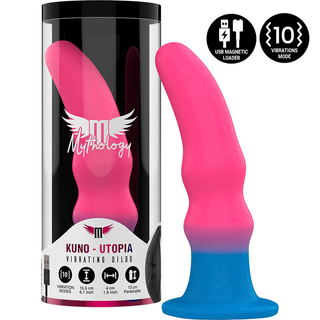 Dildo i rosa och blått silikon med sugpropp, medelstor, slät design.