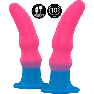 Ett par rosa och blå silikon-dildos med böjd design, sugkoppsbas och USB-laddningsportar.