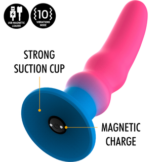 Dildo i rosa och blått silikon med stark sugbas, magnetisk laddningsport och slät konturerad design.