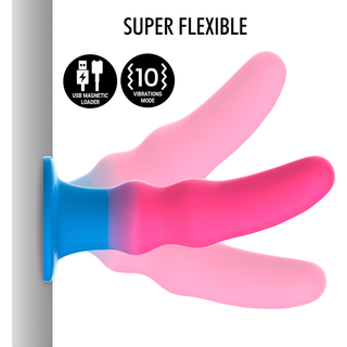 Flexibel rosa silikon-dildo med blå bas, tre böjlägen, USB-magnetladdning och tio vibrationsinställningar.