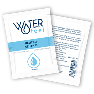 Två klara dospåsar med Waterfeel Neutro gel i vit och blå förpackning, produkttyp och detaljer visas.