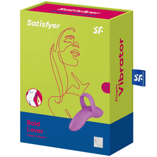 Satisfyer Bold Lover fingervibrator kommer i snygg förpackning med grön och rosa linjeteckning, som erbjuder flera vibrationslägen för anpassningsbar njutning.