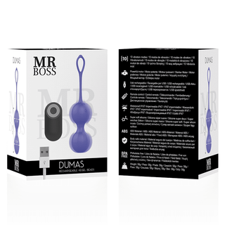 Framifrån och bakifrån av "Mr Boss Dumas Knipkulor" förpackning. Framsidan visar produktbilden; baksidan detaljer funktioner och specifikationer på flera språk, perfekt för bäckenbottenträning för att förbättra din sexuella upplevelsen.